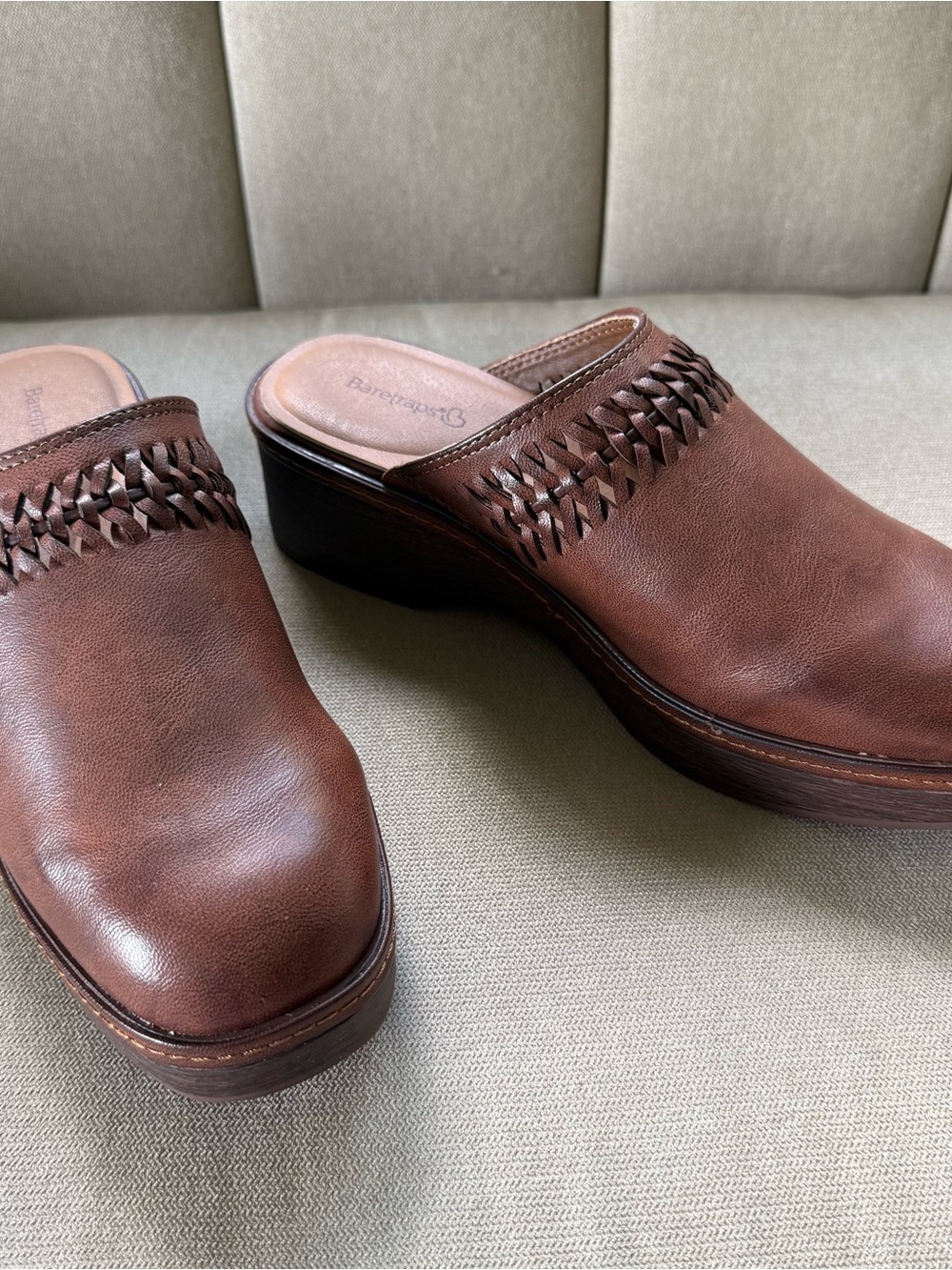 BareTraps Brown Leather Woven Mule Clogs